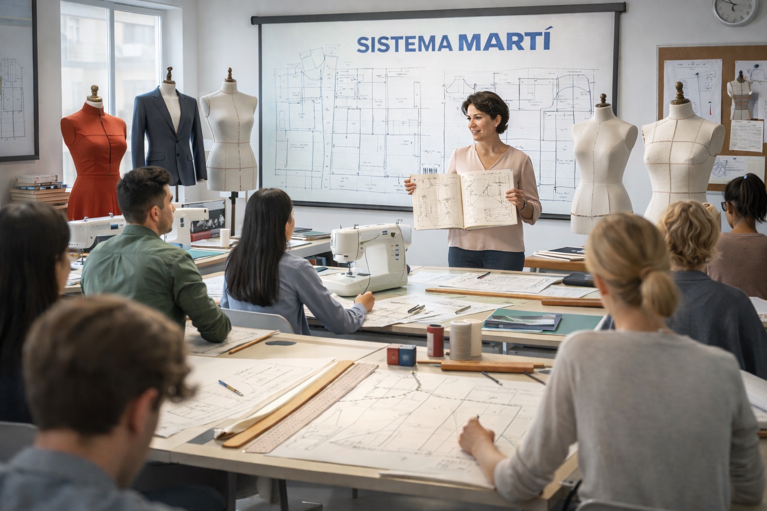 Patronaje de cuellos sobre maniquí con tejido y alfileres en proceso de diseño de moda Sistema Martí