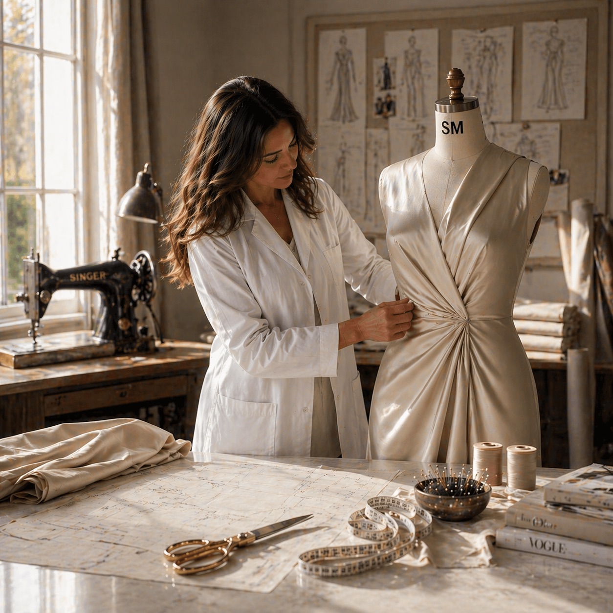 Modistería internacional Sistema Martí con maniquí vestido en proceso de patronaje y confección en atelier profesional